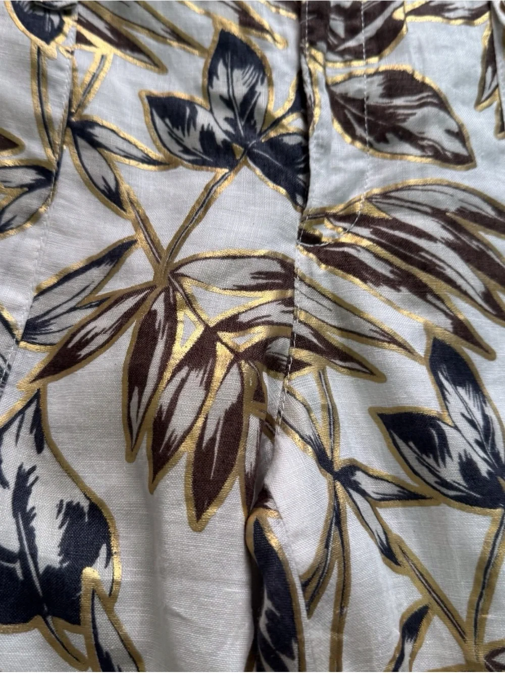 J. Crew Size 6 Linen Garden Print Pants Gold Leaf Foil Vacation Tropical Resort